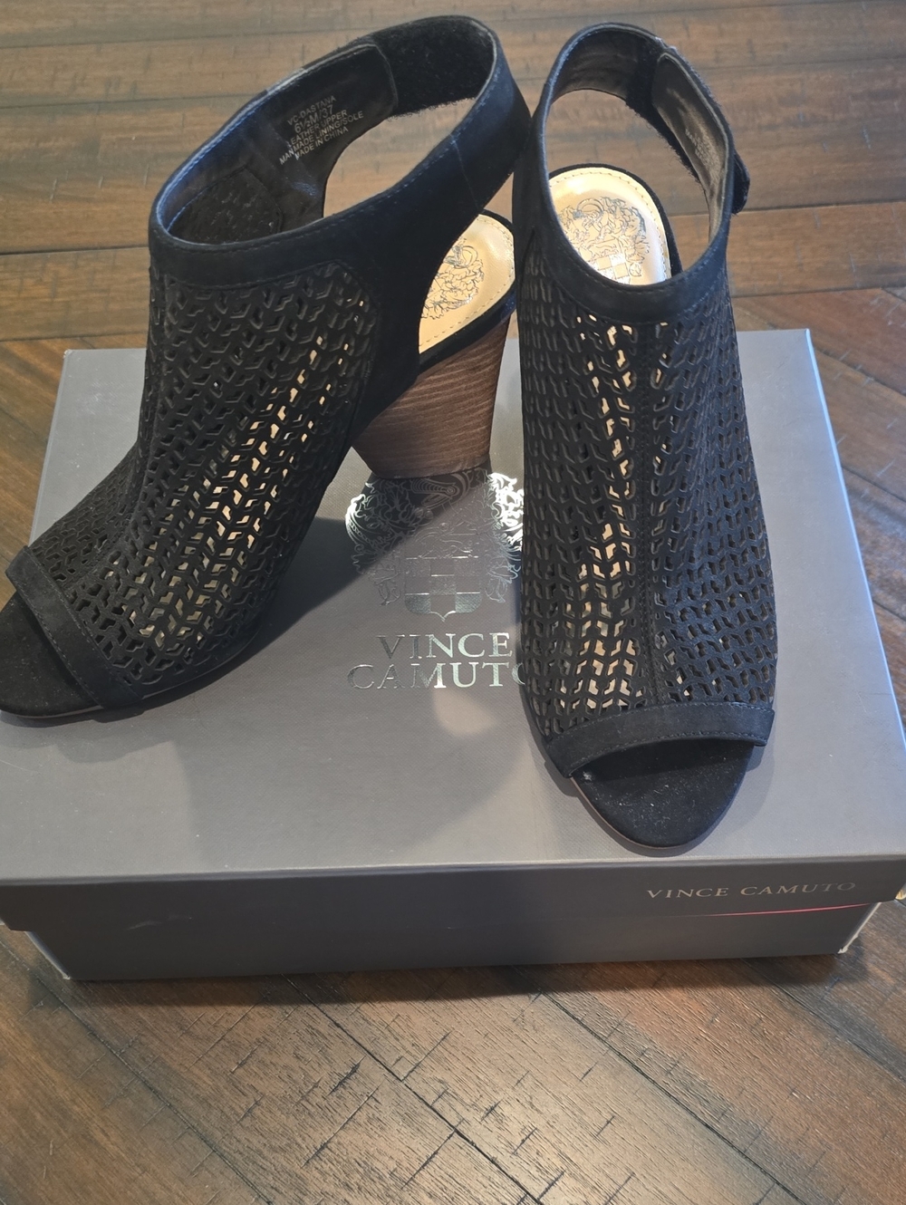 Vince Camuto Black Open-Toe Stacked Heel Booties 6.5